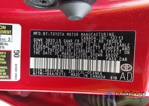 2014 Toyota Corolla Le from USA, damaged, VIN 2T1BURHE4EC050740